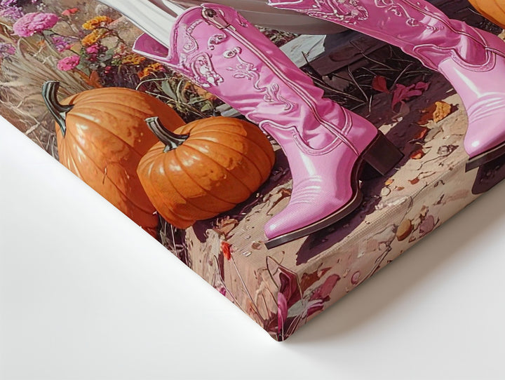 Cowgirl Skeleton in Pink Canvas – Western Halloween Art with Pumpkins & Florals - Gifitto