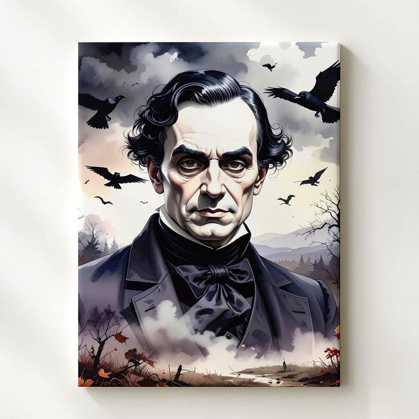 Stormy Gothic Poe Canvas – Dark Forest Portrait with Crows & Bats - Gifitto