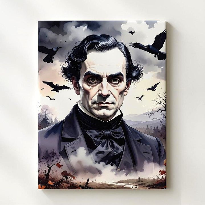Stormy Gothic Poe Canvas – Dark Forest Portrait with Crows & Bats - Gifitto