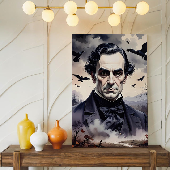 Stormy Gothic Poe Canvas – Dark Forest Portrait with Crows & Bats - Gifitto