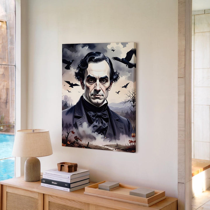 Stormy Gothic Poe Canvas – Dark Forest Portrait with Crows & Bats - Gifitto
