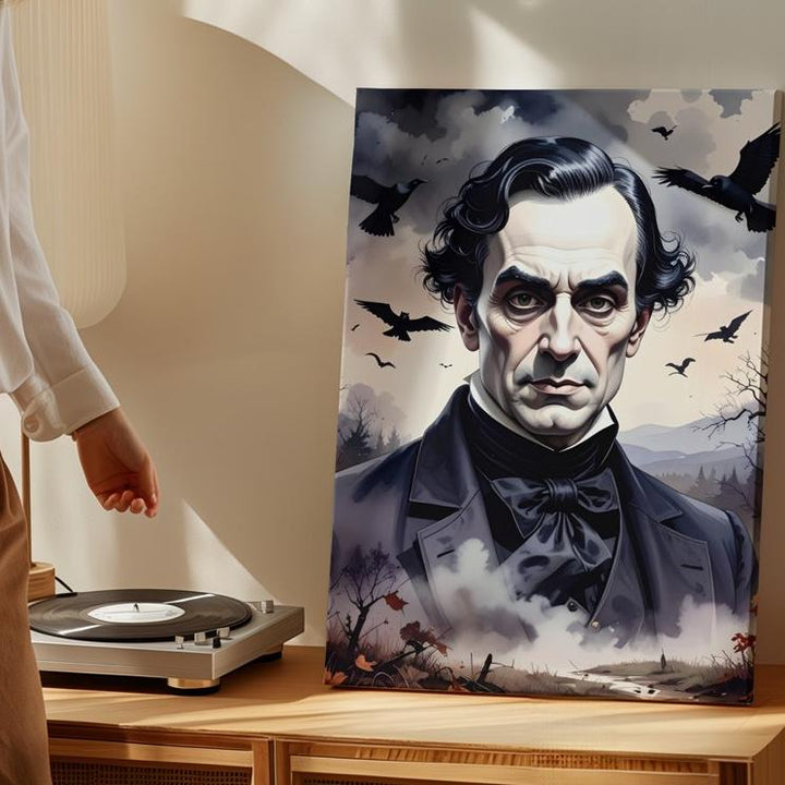 Stormy Gothic Poe Canvas – Dark Forest Portrait with Crows & Bats - Gifitto