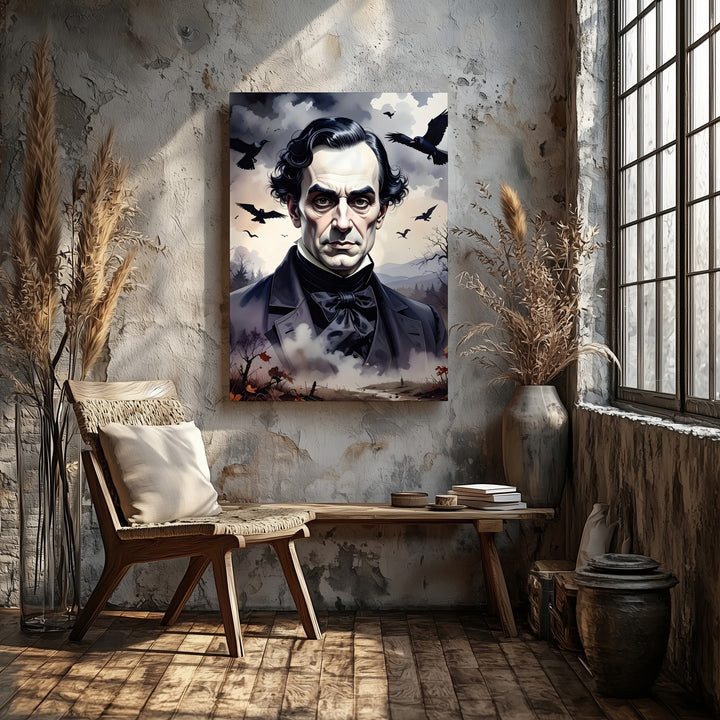 Stormy Gothic Poe Canvas – Dark Forest Portrait with Crows & Bats - Gifitto