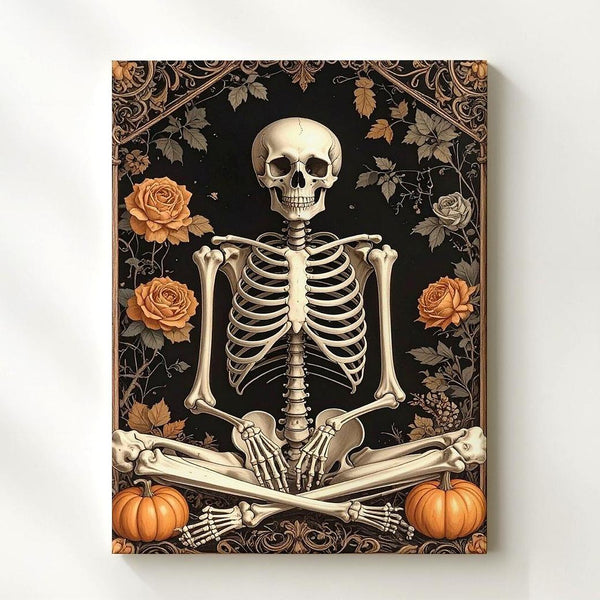 Meditating Skeleton Canvas – Gothic Floral Halloween Wall Art - Gifitto