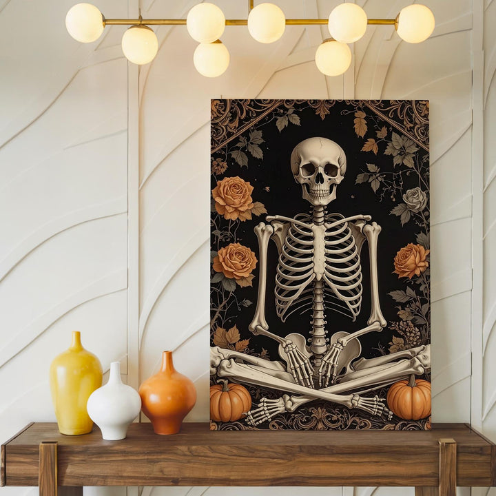 Meditating Skeleton Canvas – Gothic Floral Halloween Wall Art - Gifitto