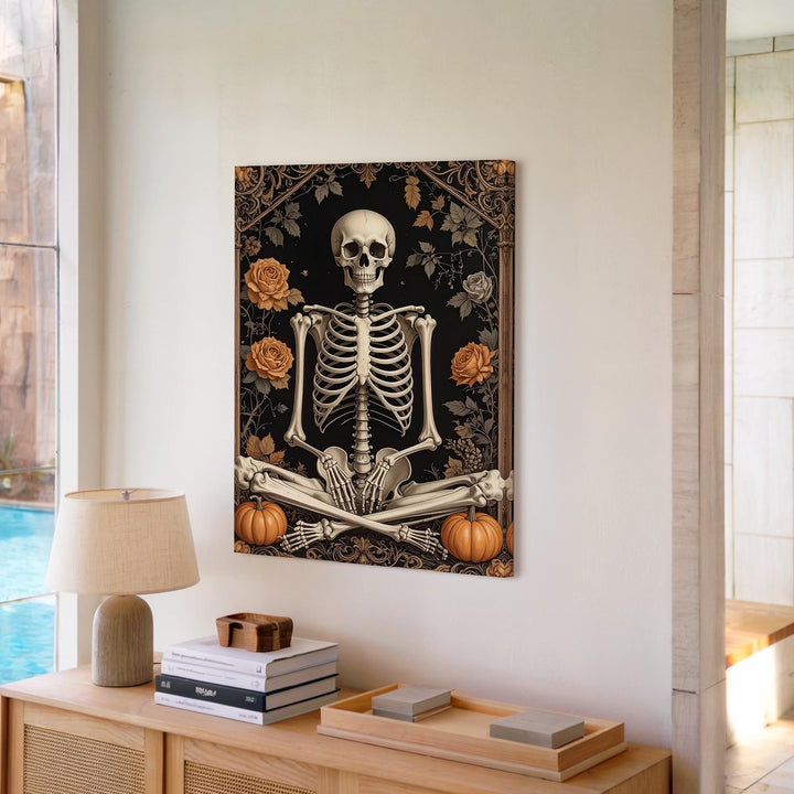 Meditating Skeleton Canvas – Gothic Floral Halloween Wall Art - Gifitto