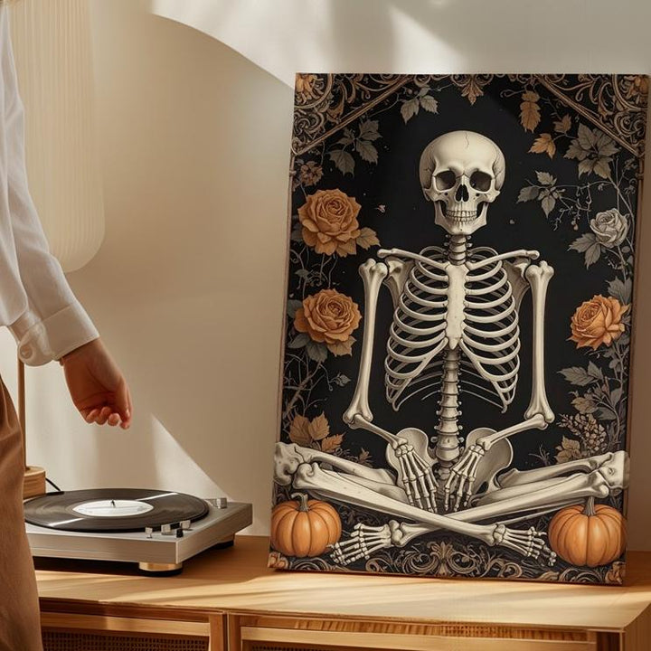 Meditating Skeleton Canvas – Gothic Floral Halloween Wall Art - Gifitto