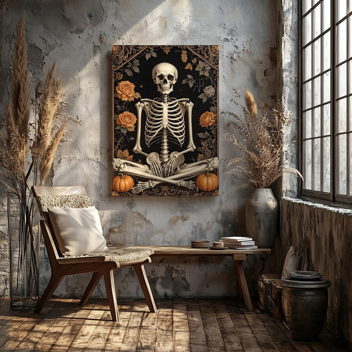 Meditating Skeleton Canvas – Gothic Floral Halloween Wall Art - Gifitto