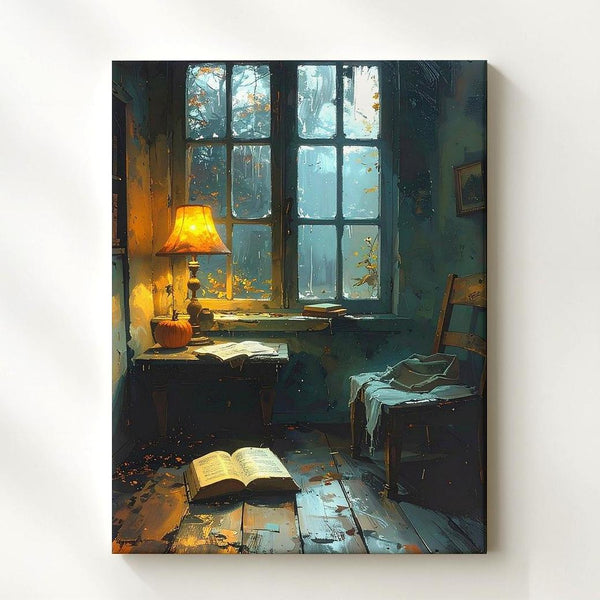 Abandoned Autumn Study Canvas – Haunted Reading Room with Lamp & Rainy Window - Gifitto