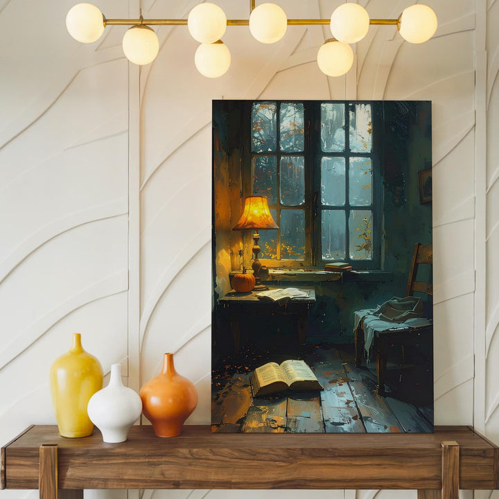 Abandoned Autumn Study Canvas – Haunted Reading Room with Lamp & Rainy Window - Gifitto