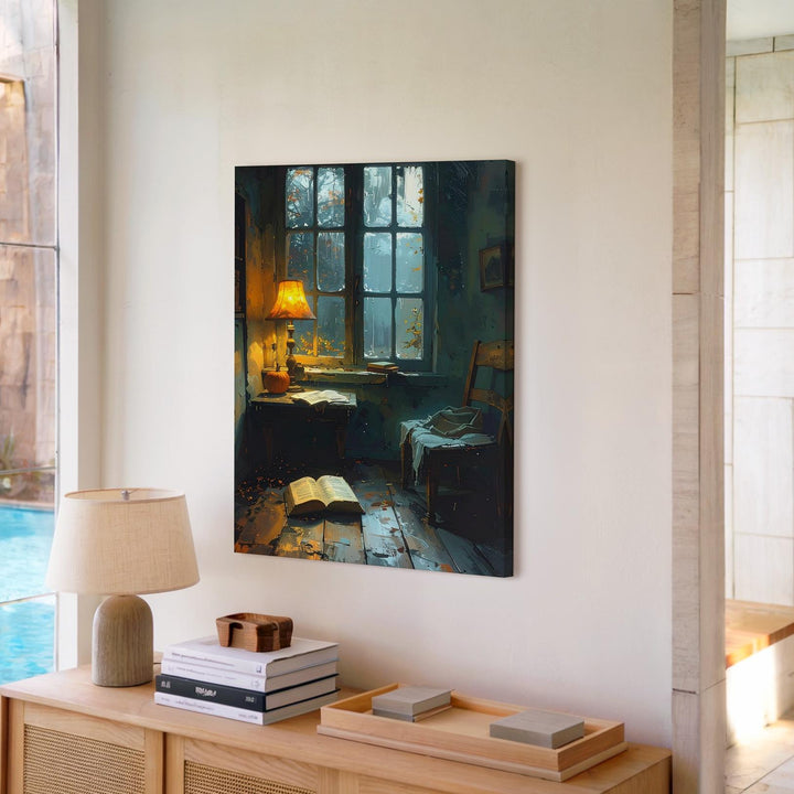 Abandoned Autumn Study Canvas – Haunted Reading Room with Lamp & Rainy Window - Gifitto