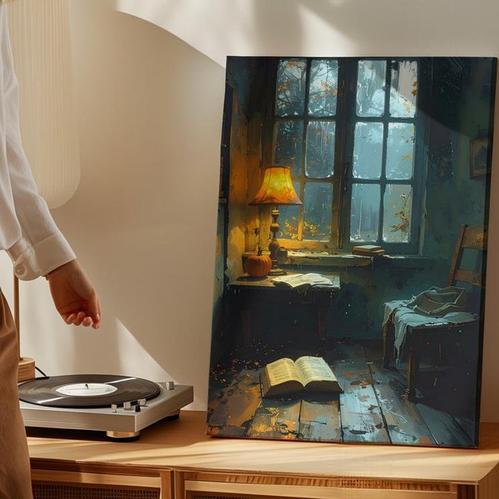 Abandoned Autumn Study Canvas – Haunted Reading Room with Lamp & Rainy Window - Gifitto