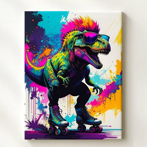 Punk Neon Dinosaur Canvas – Colorful Roller Skate T. Rex Street Art
