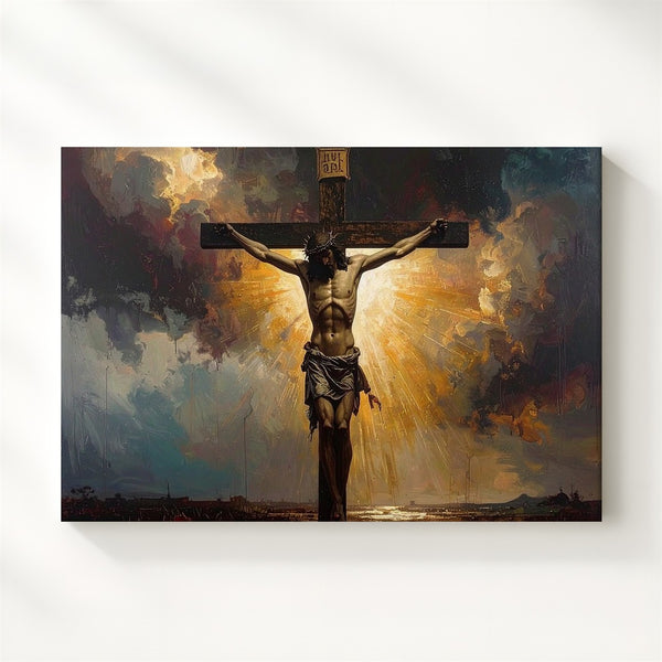 Crucifixion Glory Canvas – Jesus on the Cross with Divine Golden Light - Gifitto