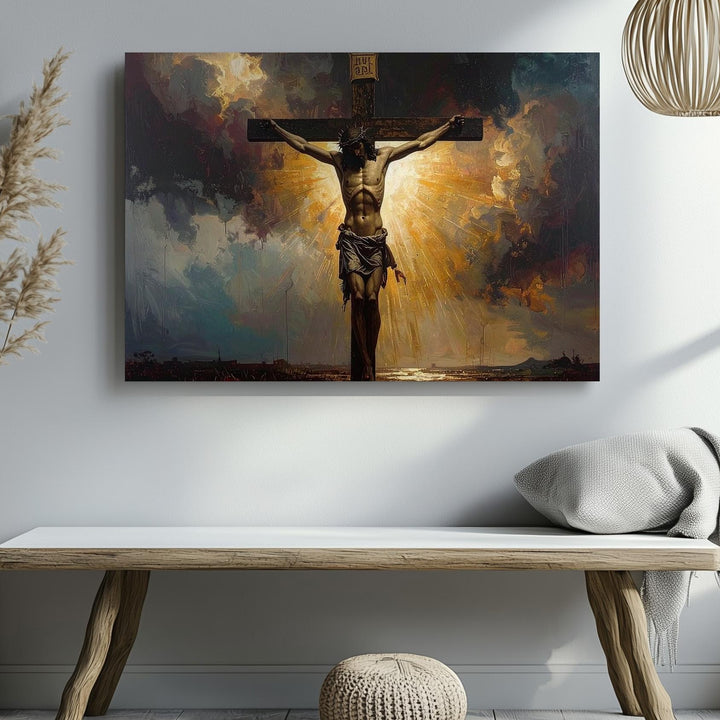 Crucifixion Glory Canvas – Jesus on the Cross with Divine Golden Light - Gifitto