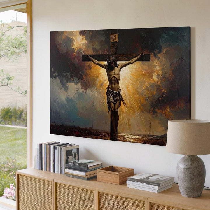 Crucifixion Glory Canvas – Jesus on the Cross with Divine Golden Light - Gifitto