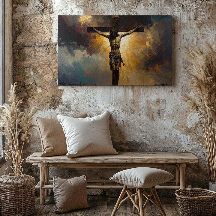 Crucifixion Glory Canvas – Jesus on the Cross with Divine Golden Light - Gifitto