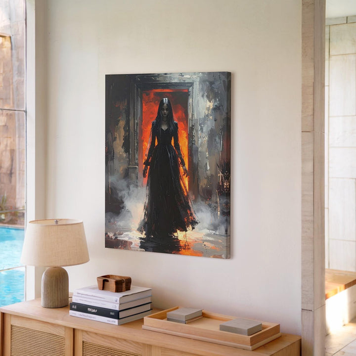 Ghostly Corridor Canvas – Dark Haunting Silhouette with Fiery Backlight - Gifitto