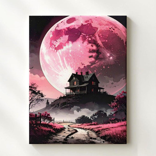 Dramatic Pink Moon Canvas – Gothic House on Hill Wall Art - Gifitto