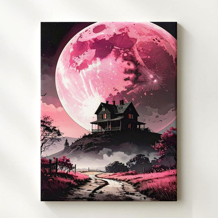 Dramatic Pink Moon Canvas – Gothic House on Hill Wall Art - Gifitto