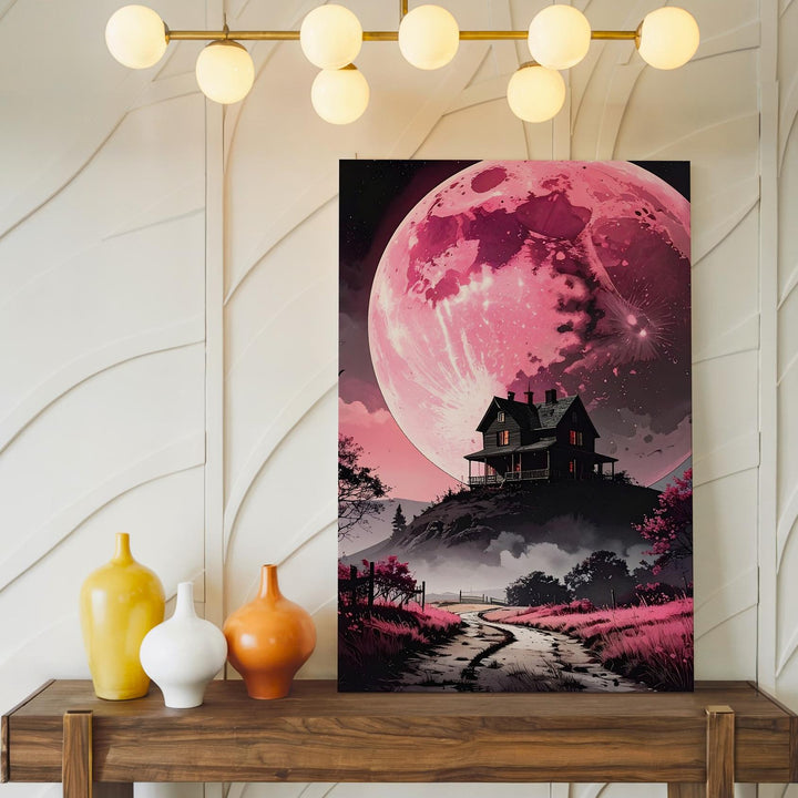 Dramatic Pink Moon Canvas – Gothic House on Hill Wall Art - Gifitto