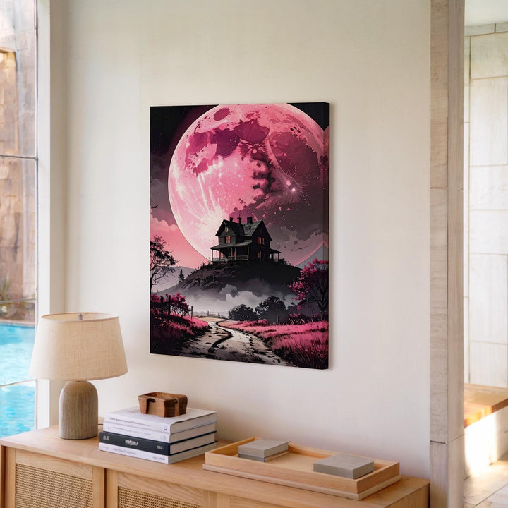 Dramatic Pink Moon Canvas – Gothic House on Hill Wall Art - Gifitto