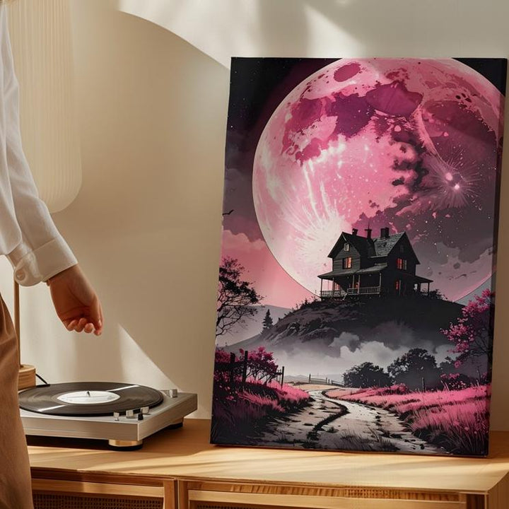 Dramatic Pink Moon Canvas – Gothic House on Hill Wall Art - Gifitto