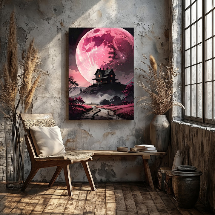 Dramatic Pink Moon Canvas – Gothic House on Hill Wall Art - Gifitto