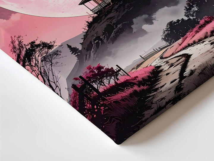 Dramatic Pink Moon Canvas – Gothic House on Hill Wall Art - Gifitto