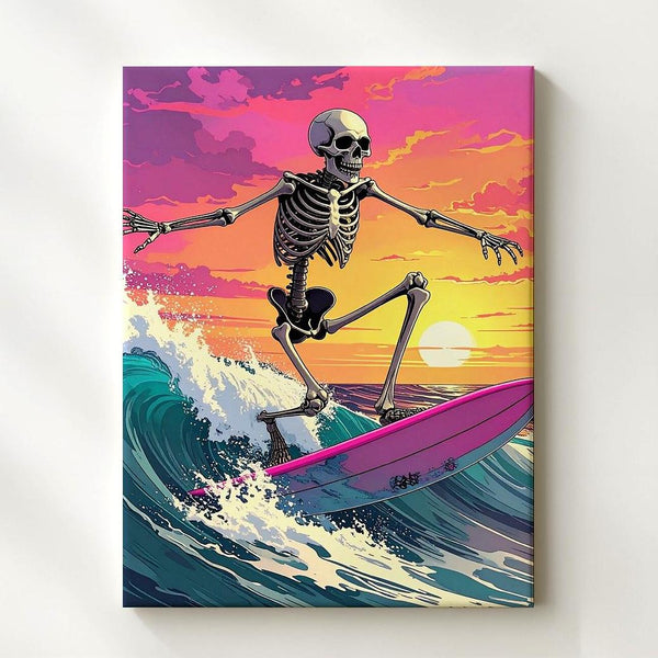 Skeleton Surfer Canvas – Hot Pink Board & Vivid Sunset Halloween Art - Gifitto
