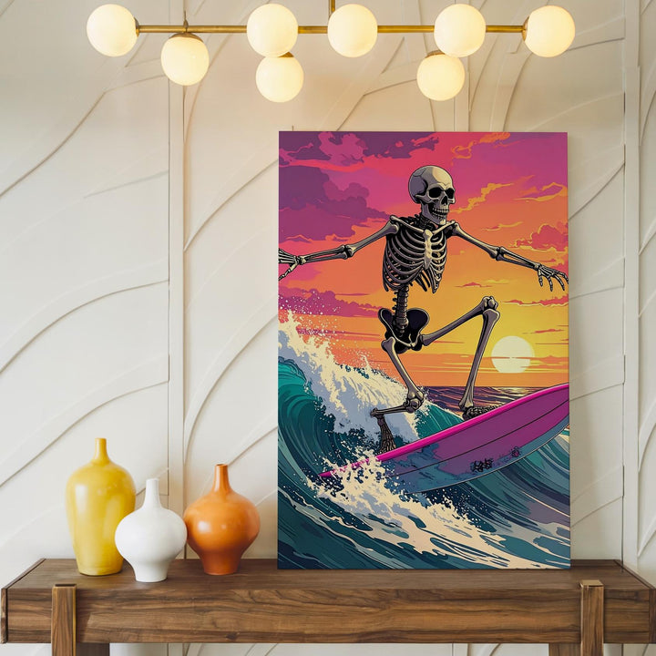 Skeleton Surfer Canvas – Hot Pink Board & Vivid Sunset Halloween Art - Gifitto