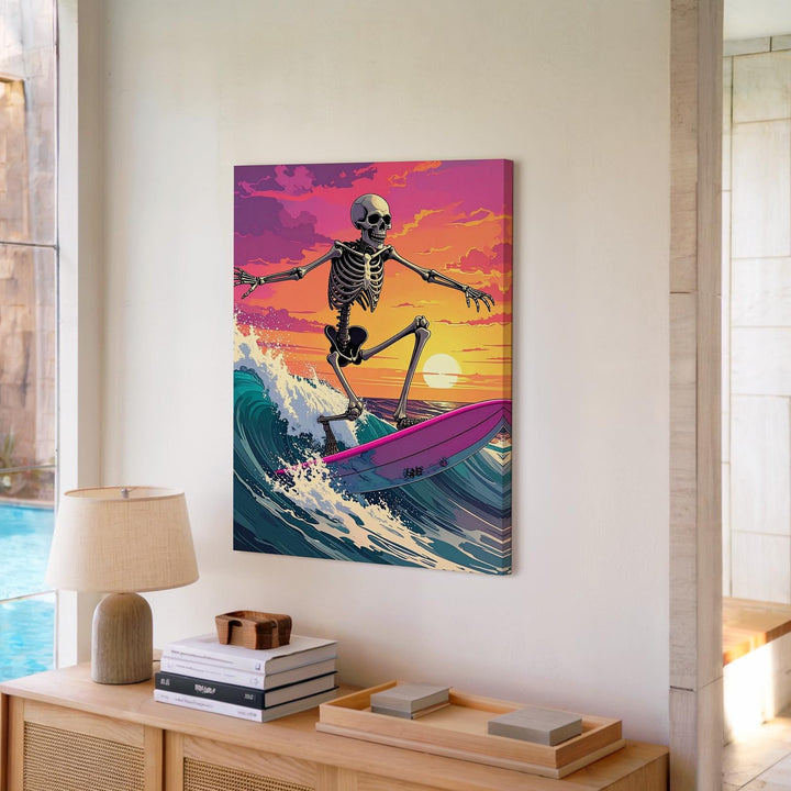 Skeleton Surfer Canvas – Hot Pink Board & Vivid Sunset Halloween Art - Gifitto