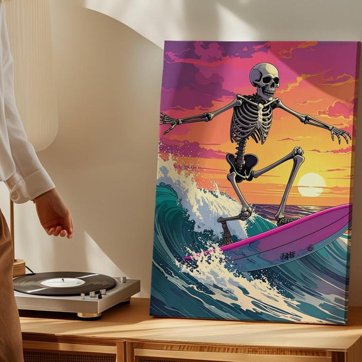 Skeleton Surfer Canvas – Hot Pink Board & Vivid Sunset Halloween Art - Gifitto