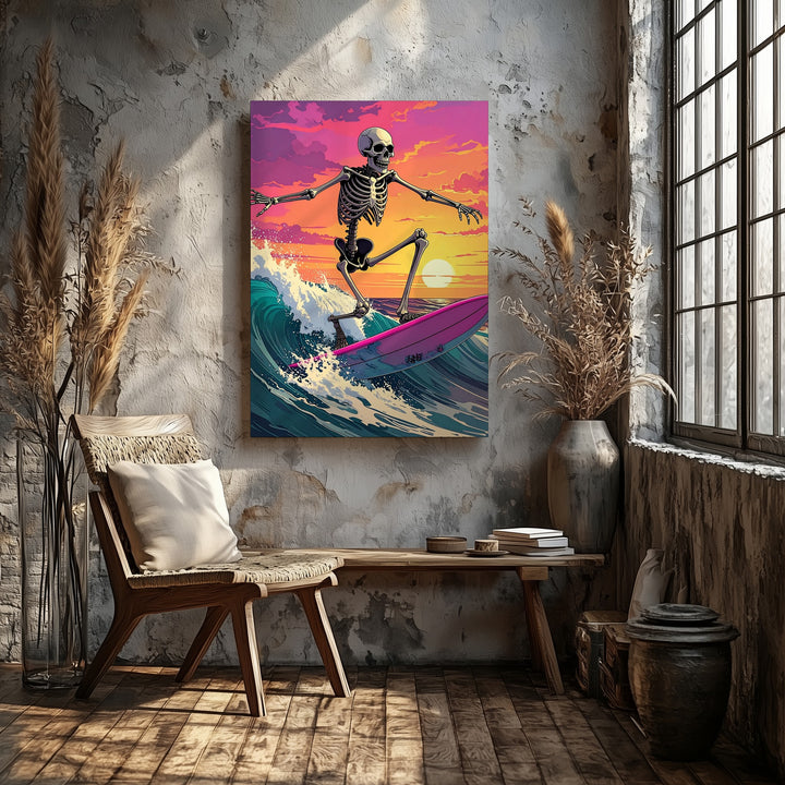 Skeleton Surfer Canvas – Hot Pink Board & Vivid Sunset Halloween Art - Gifitto