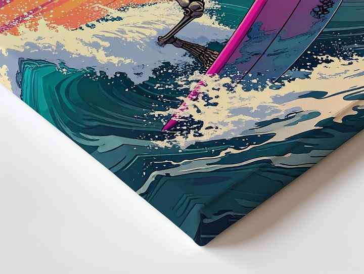 Skeleton Surfer Canvas – Hot Pink Board & Vivid Sunset Halloween Art - Gifitto