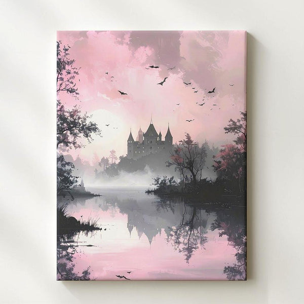Dreamlike Lakeside Canvas – Pink Haze & Ghostly Castle Halloween Art - Gifitto