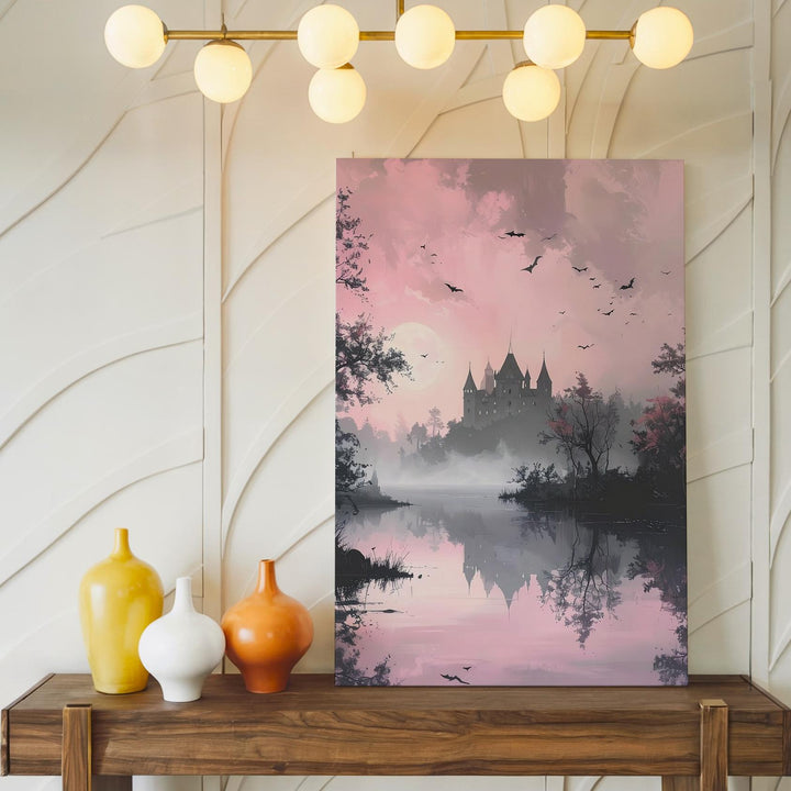 Dreamlike Lakeside Canvas – Pink Haze & Ghostly Castle Halloween Art - Gifitto