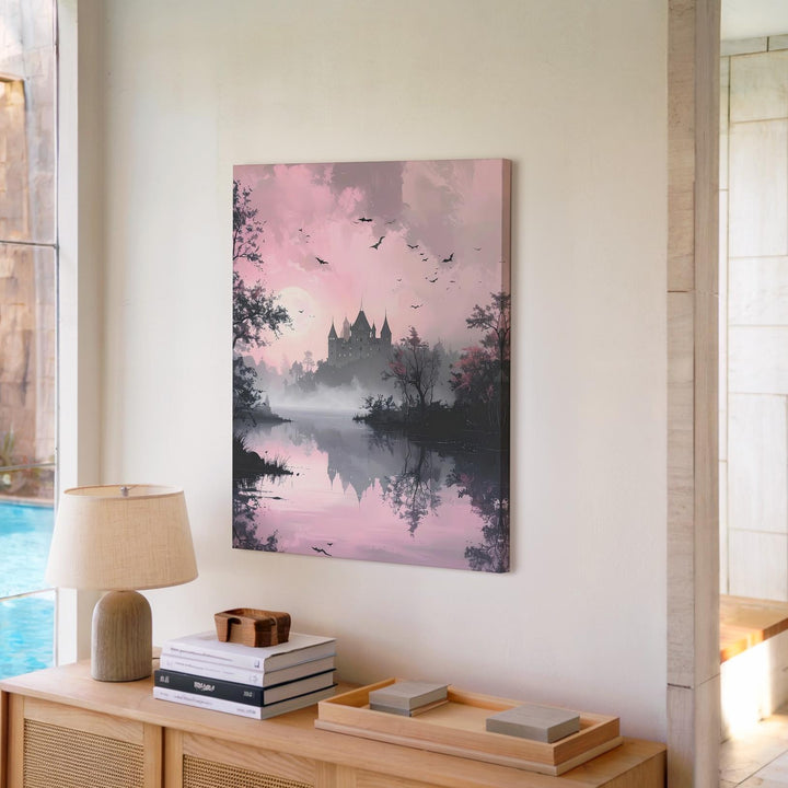 Dreamlike Lakeside Canvas – Pink Haze & Ghostly Castle Halloween Art - Gifitto
