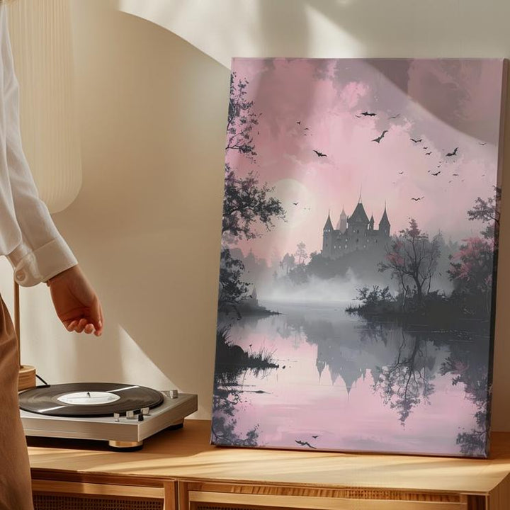 Dreamlike Lakeside Canvas – Pink Haze & Ghostly Castle Halloween Art - Gifitto