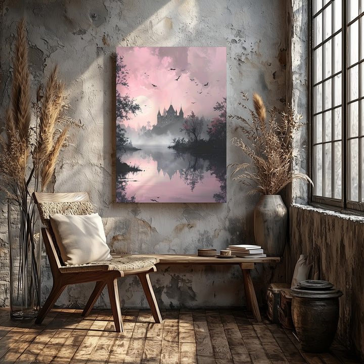 Dreamlike Lakeside Canvas – Pink Haze & Ghostly Castle Halloween Art - Gifitto