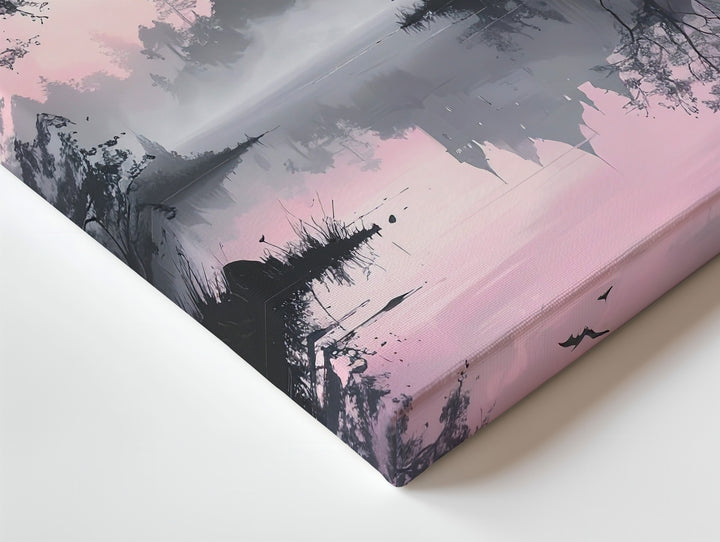 Dreamlike Lakeside Canvas – Pink Haze & Ghostly Castle Halloween Art - Gifitto