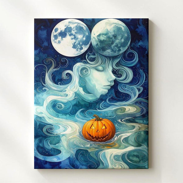 Moon & Pumpkin Spirits Canvas – Dreamlike Surreal Halloween Art - Gifitto