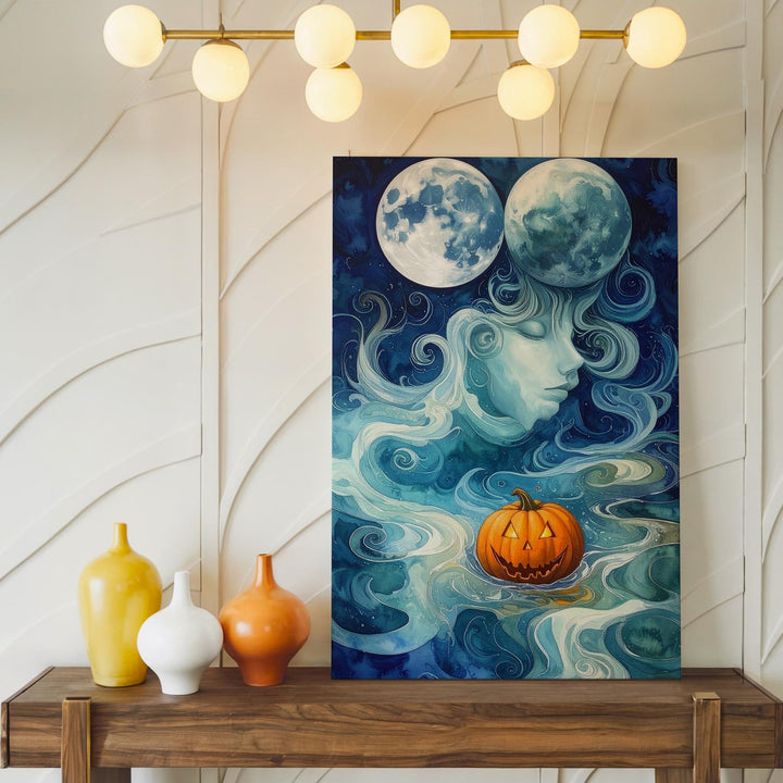Moon & Pumpkin Spirits Canvas – Dreamlike Surreal Halloween Art - Gifitto