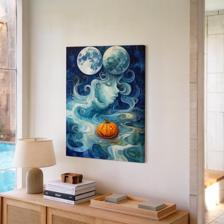 Moon & Pumpkin Spirits Canvas – Dreamlike Surreal Halloween Art - Gifitto