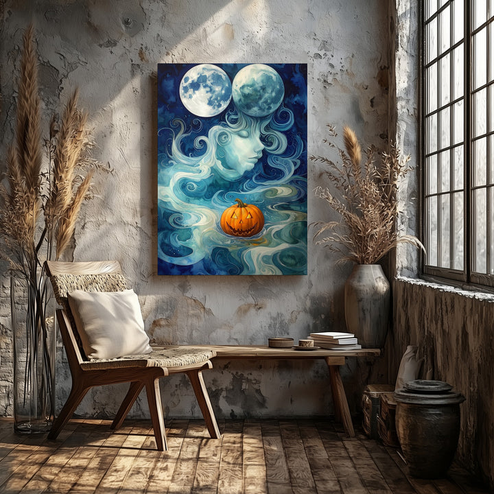 Moon & Pumpkin Spirits Canvas – Dreamlike Surreal Halloween Art - Gifitto