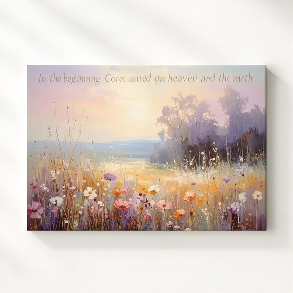 Heavenly Genesis Canvas – Pastel Wildflower Meadow Bible Verse Art - Gifitto