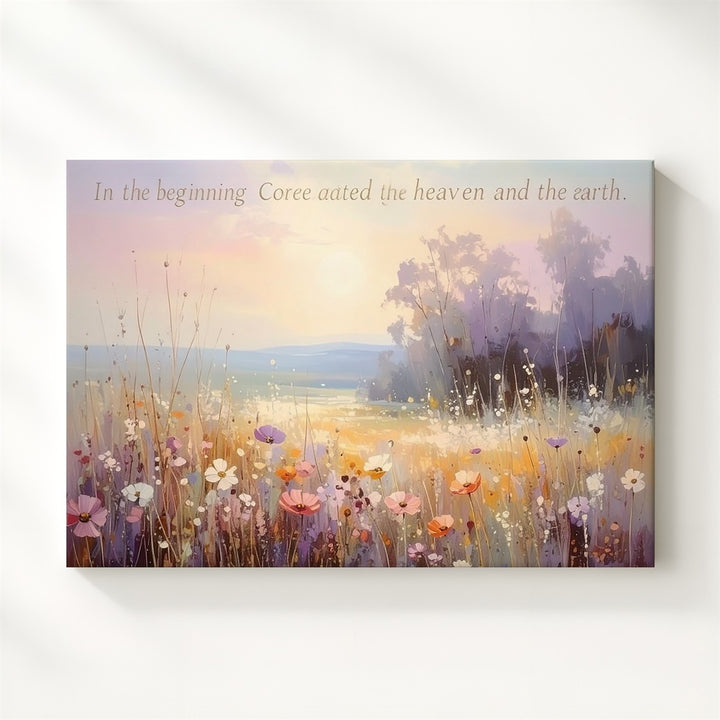 Heavenly Genesis Canvas – Pastel Wildflower Meadow Bible Verse Art - Gifitto