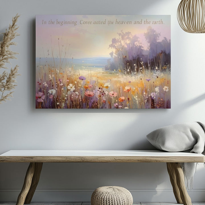 Heavenly Genesis Canvas – Pastel Wildflower Meadow Bible Verse Art - Gifitto