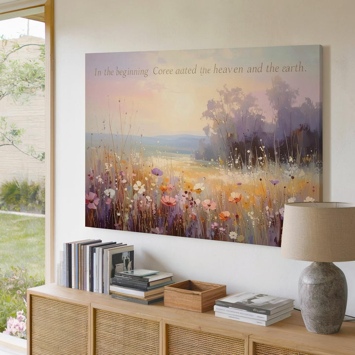 Heavenly Genesis Canvas – Pastel Wildflower Meadow Bible Verse Art - Gifitto