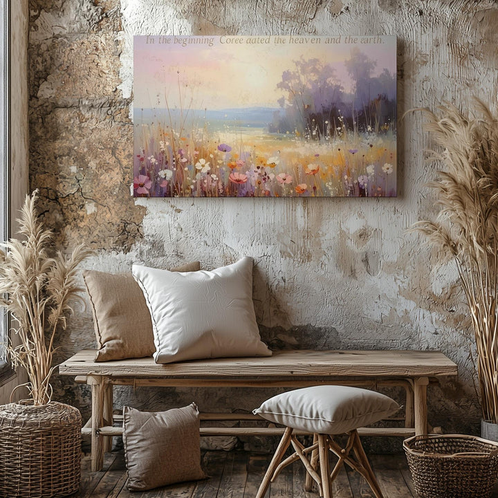 Heavenly Genesis Canvas – Pastel Wildflower Meadow Bible Verse Art - Gifitto
